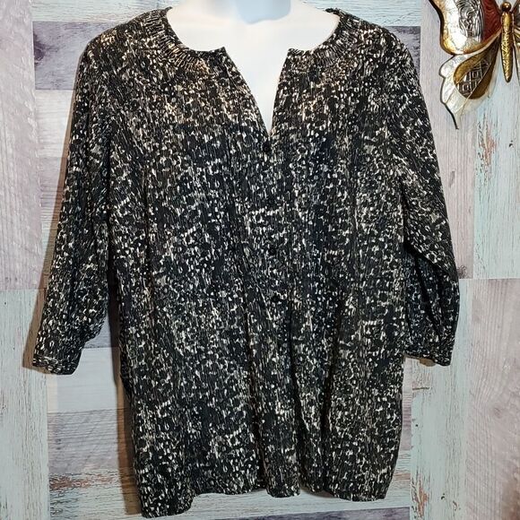 Basic Editions Black White Splatter Print Beaded Neckline Blouse Sz 3X Plus Size - Picture 3 of 8